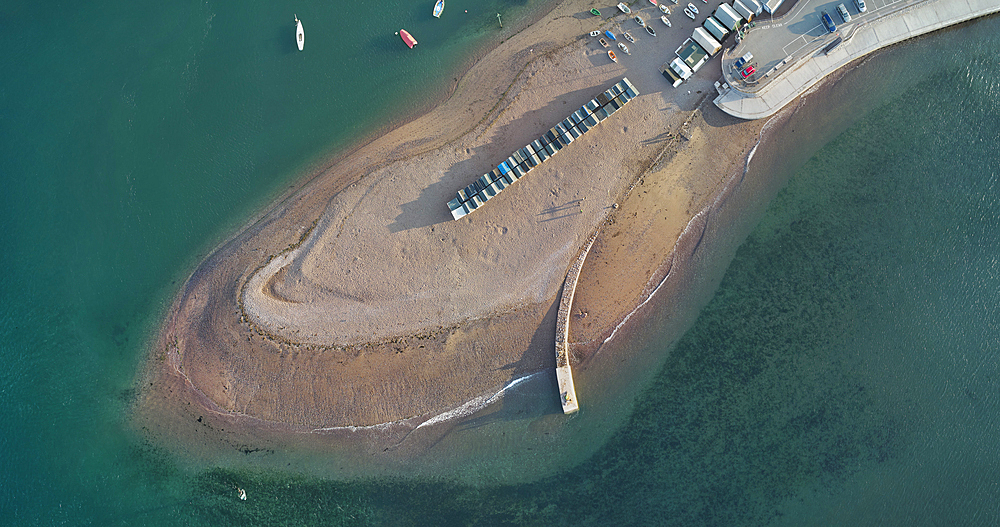 An aerial view of a sand bar at the mouth of the River Teign, Teignmouth, Devon, England, United Kingdom, Europe