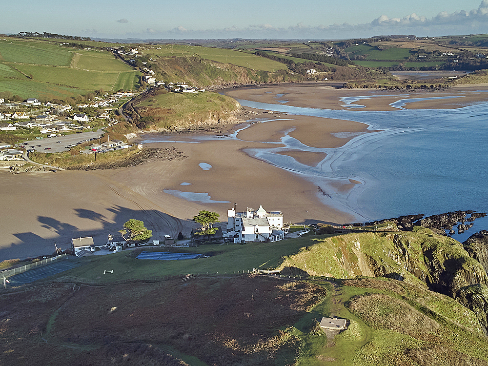 An aerial view of Burgh Island, Bigbury, and the estuary of the River Avon, on the south coast of Devon, England, United Kingdom, Europe