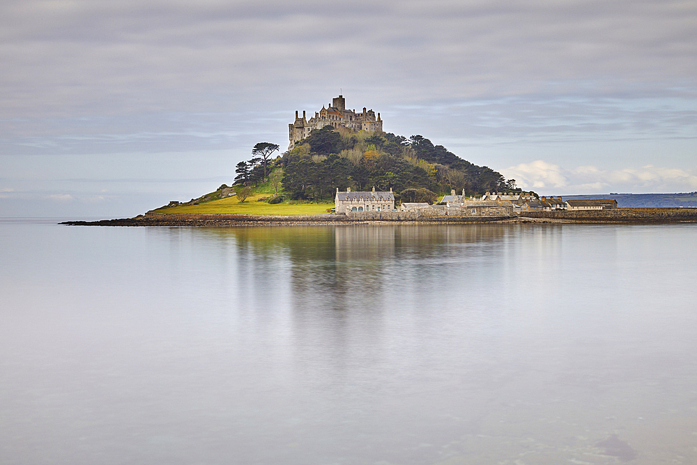 St. Michael's Mount on a calm morning and a falling tide, Marazion, near Penzance, Cornwall, England, United Kingdom, Europe