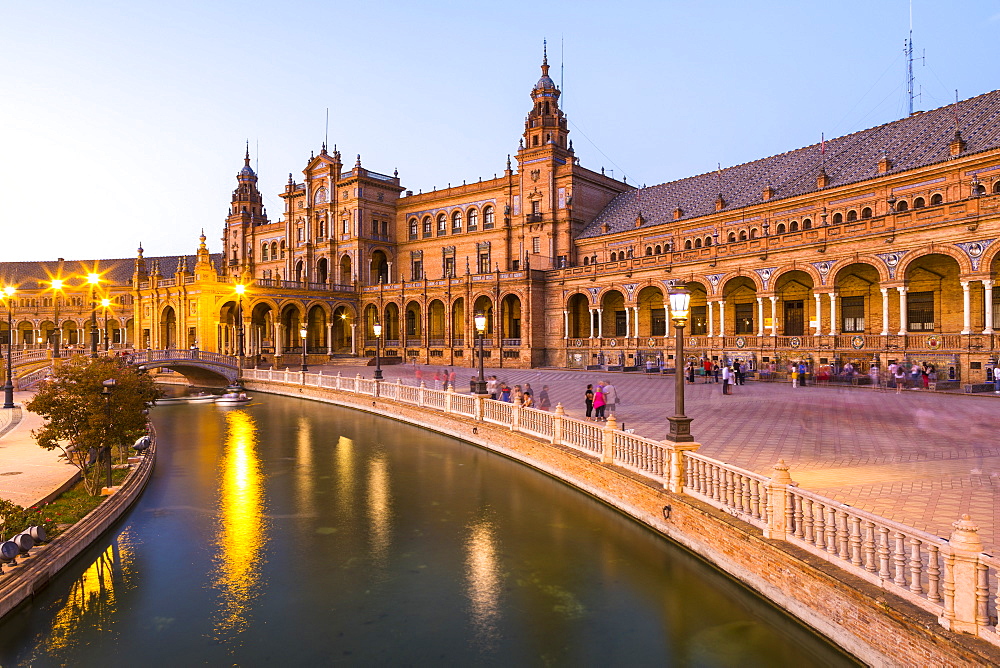 Plaza de Espana at dusk, built for the Ibero-American Exposition of 1929, Seville, Andalucia, Spain, Europe