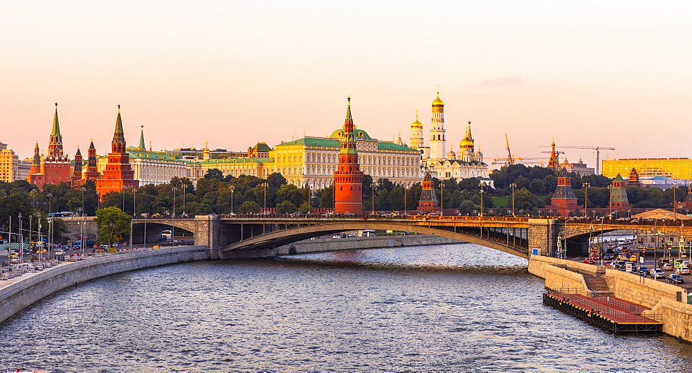 Moscow River and the Kremlin in early evening light, Moscow, Russia, Europe