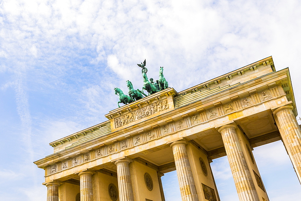 Low angle view of Brandenburg Gate in Berlin, Germany, Europe