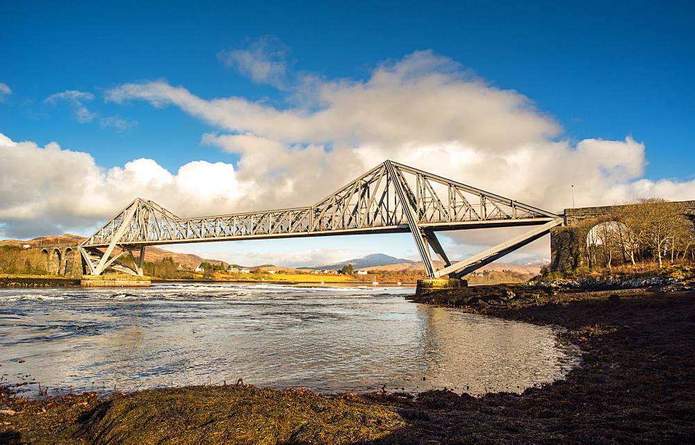 Morning sunlight on the Connel Bridge over Loch Etive, Highlands, Scotland, United Kingdom, Europe