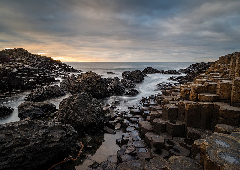 Giant's Causeway at sunset, UNESCO World Heritage Site, County Antrim, Northern Ireland, United Kingdom, Europe