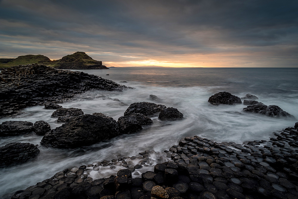 Giant's Causeway at sunset, UNESCO World Heritage Site, County Antrim, Northern Ireland, United Kingdom, Europe