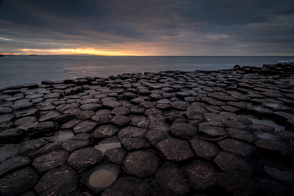 Giant's Causeway at sunset, UNESCO World Heritage Site, County Antrim, Northern Ireland, United Kingdom, Europe