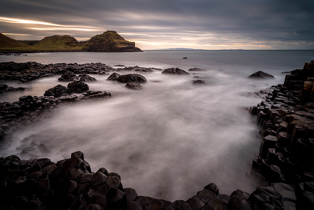 Giant's Causeway at sunset, UNESCO World Heritage Site, County Antrim, Northern Ireland, United Kingdom, Europe