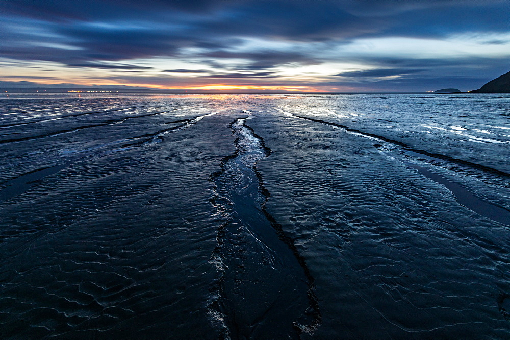 Brean Beach, mud and the Bristol Channel at sunset, Somerset, England, United Kingdom, Europe