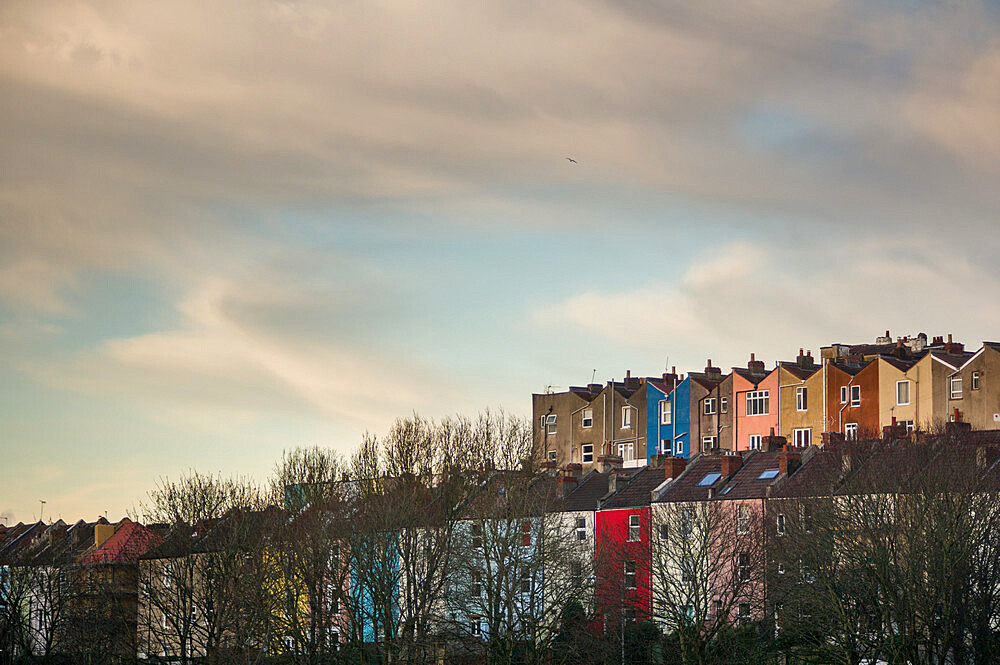 The multicoloured houses of Totterdown seen from Victoria Park, Bristol, England, United Kingdom, Europe