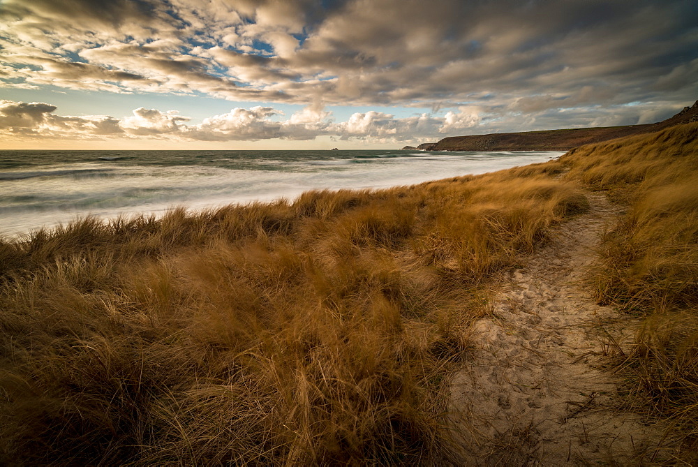 Sennen Beach in early evening, with Brissons and Cape Cornwall far distance, Sennen, Cornwall, England, United Kingdom, Europe