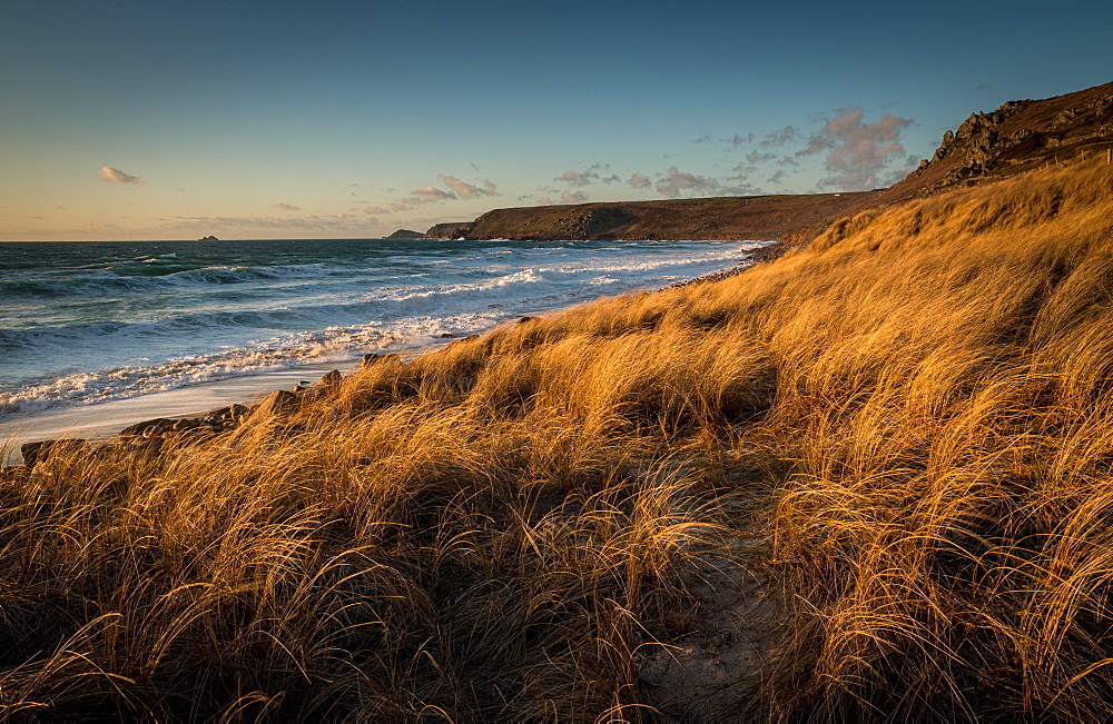 Brissons and Cape Cornwal in the far distance in the late afternoon, Sennen Beach, Sennen, Cornwall, England, United Kingdom, Europe