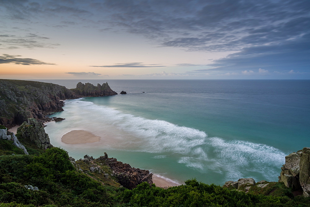 Pednvounder (Pedne) Beach at dawn in summer, Logan Rock, Cornwall, England, United Kingdom, Europe