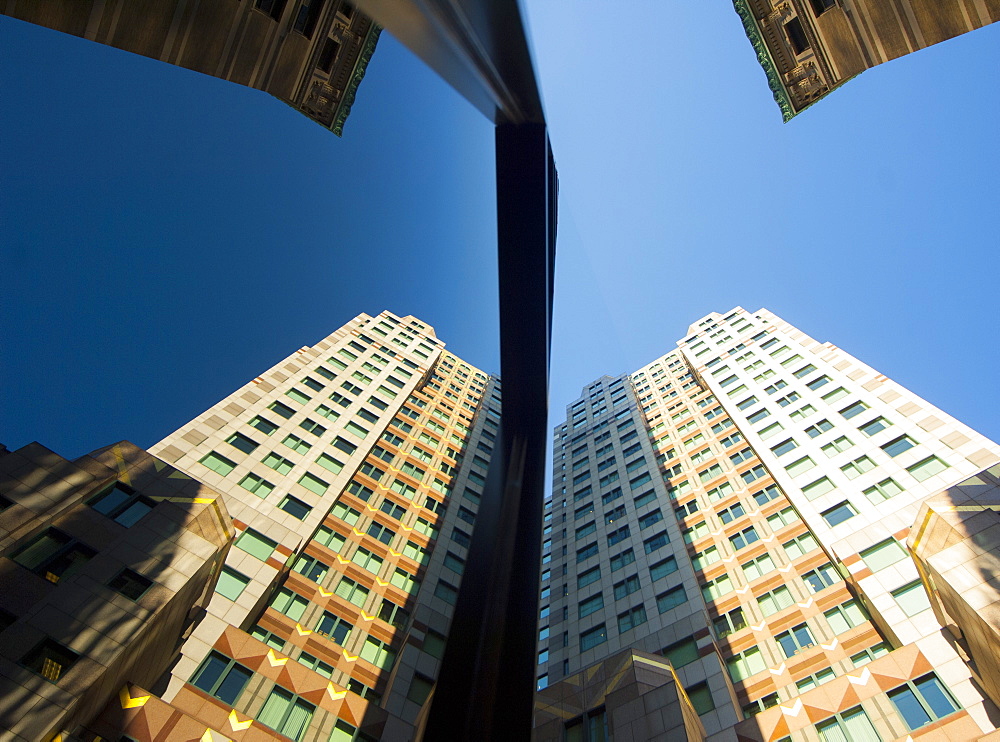 Looking up through Boston skyscrapers, Boston, Massachusetts, United States of America, North America