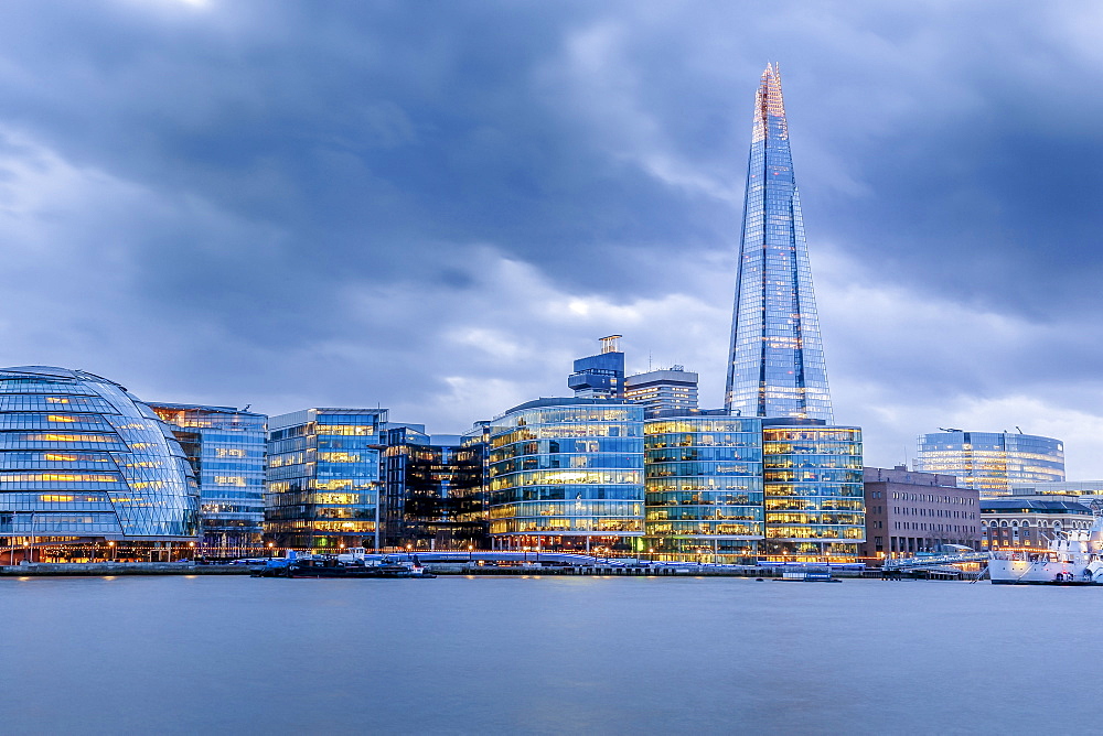 City Hall, The Shard and Bankside illuminated at night, London, England, United Kingdom, Europe