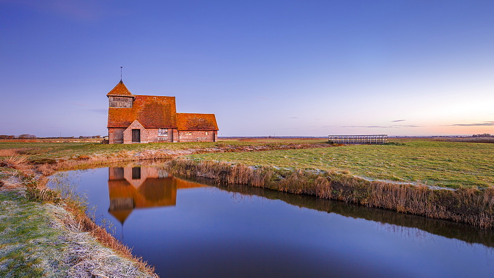 Fairfield Church (St. Thomas a Becket Church) at dawn, Romney Marsh, near Rye, Kent, England, United Kingdom, Europe