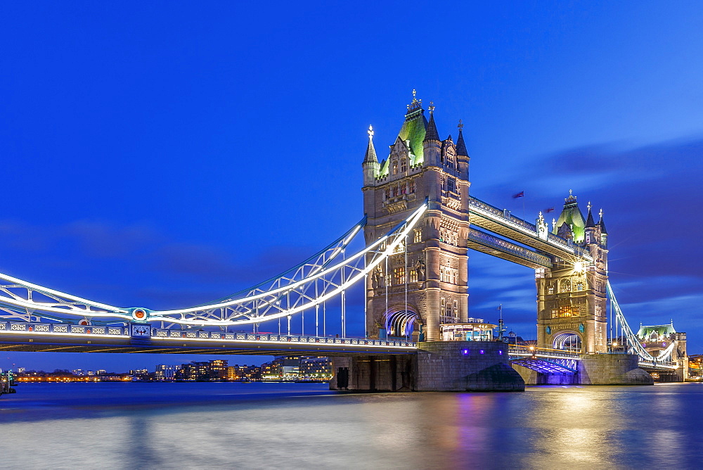 Tower Bridge illuminated at night, London, England, United Kingdom, Europe