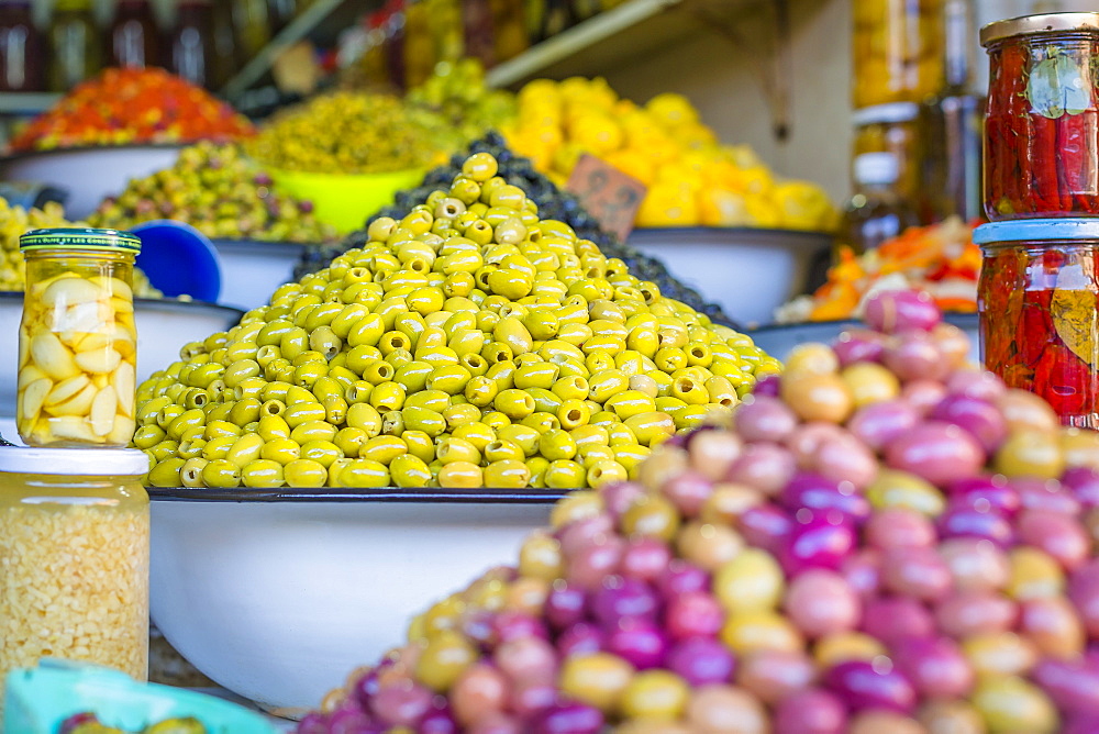 Olive stall in the Place Djemaa el Fna in the medina of Marrakech, Morocco, North Africa, Africa