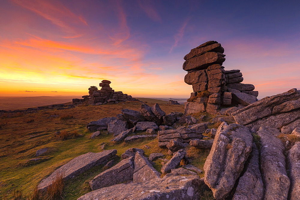 Great Staple Tor at sunset in Dartmoor National Park, England, Europe