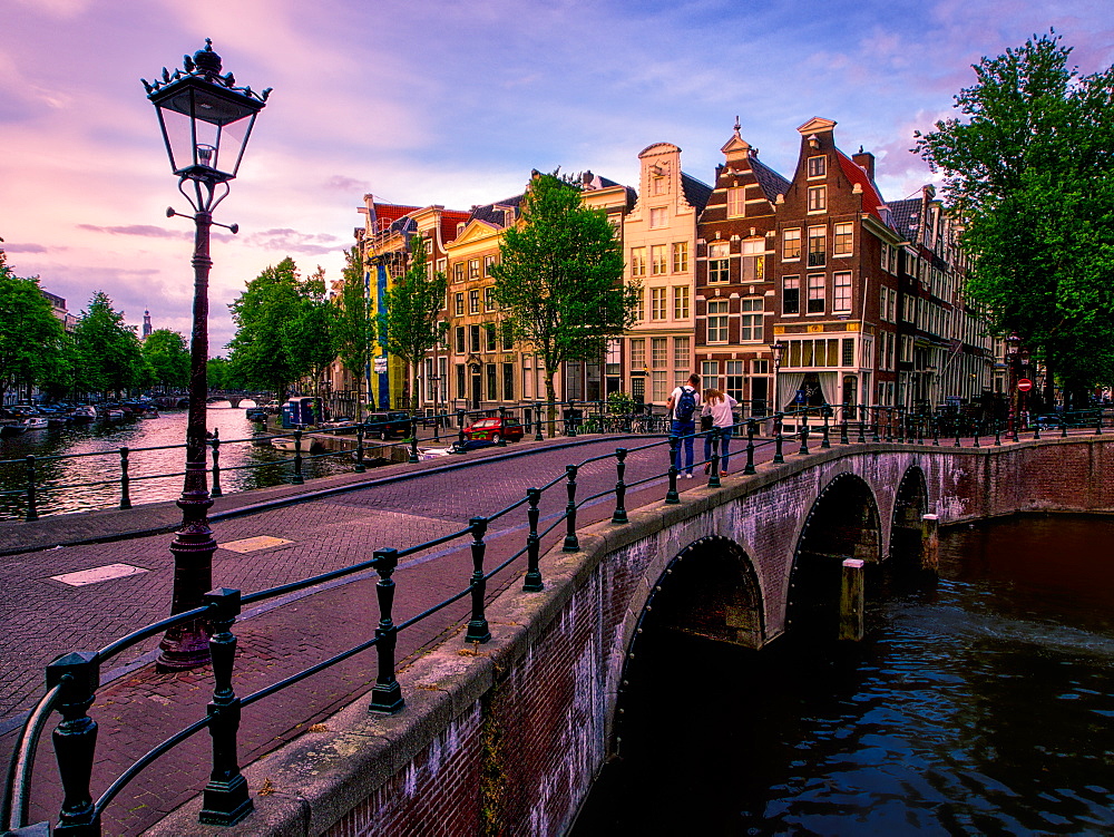 Sunset view of a canal, Amsterdam, The Netherlands, Europe