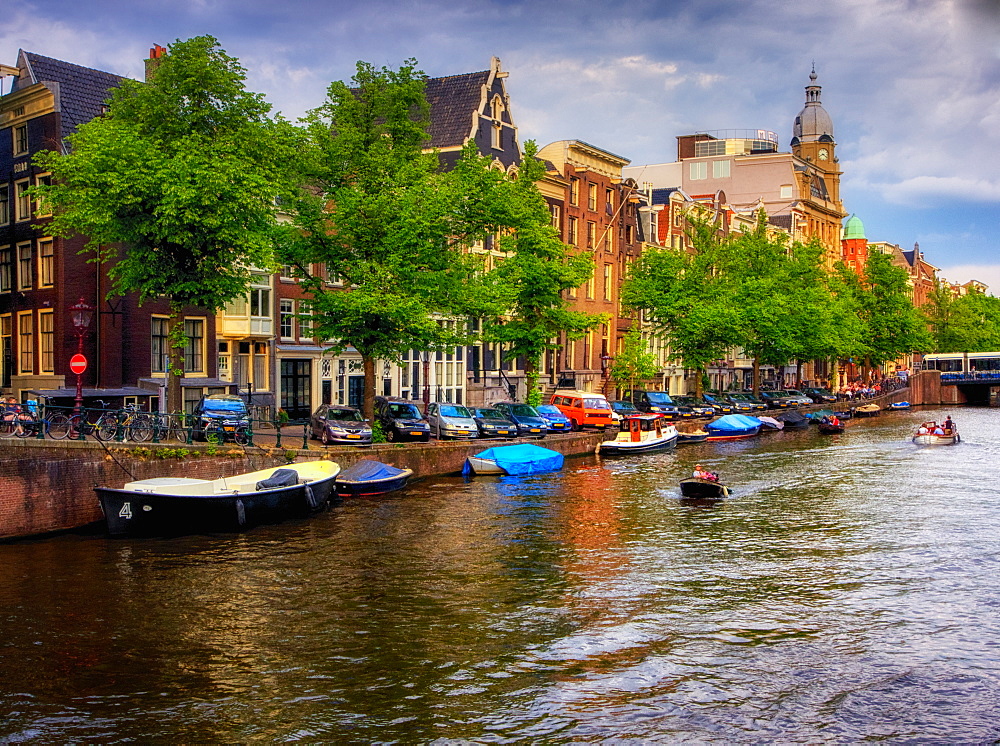 Sunset view of a canal, Amsterdam, The Netherlands, Europe