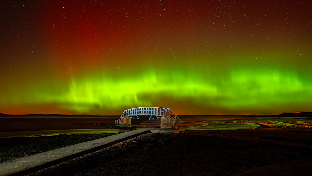 Aurora Borealis over the Bridge to Nowhere, Belhaven Bay, East Lothian, Scotland, United Kingdom, Europe