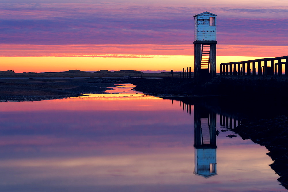 Holy Island Causeway at sunrise, Lindisfarne, Northumberland, England, United Kingdom, Europe