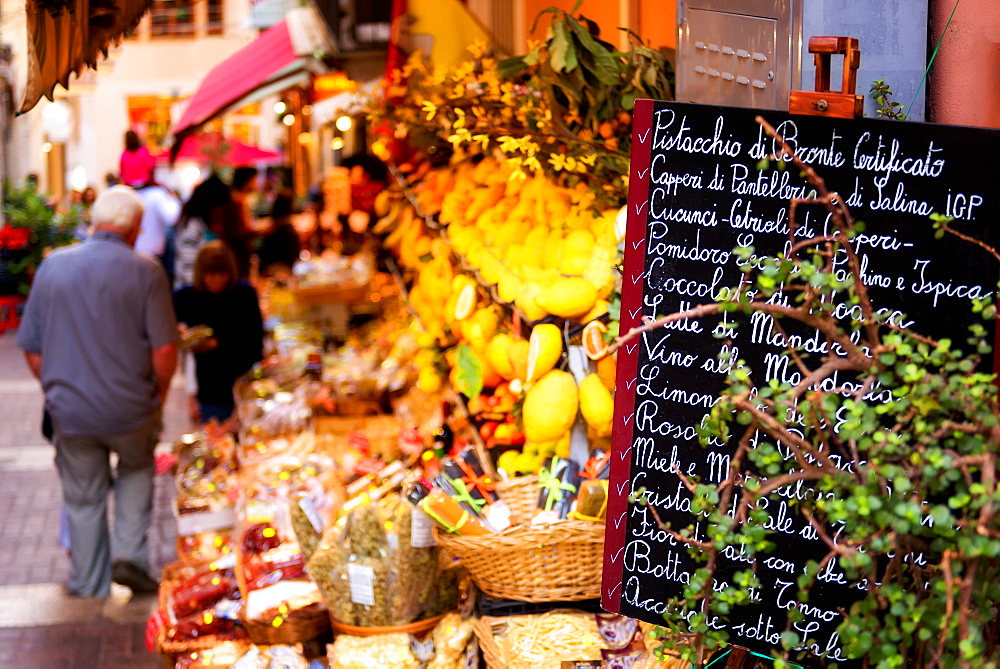 Local food stall, Taormina, Sicily, Italy, Europe