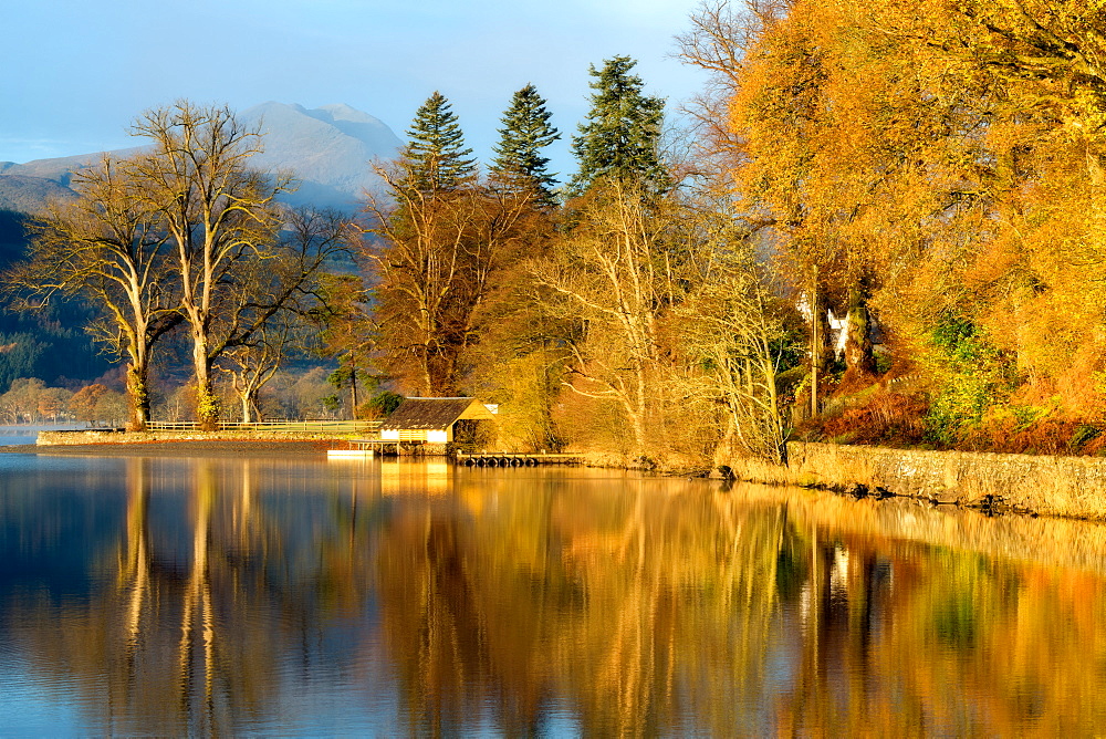 Loch Ard boathouse in autumn, Trossachs National Park, Stirling Region, Scotland, United Kingdom, Europe