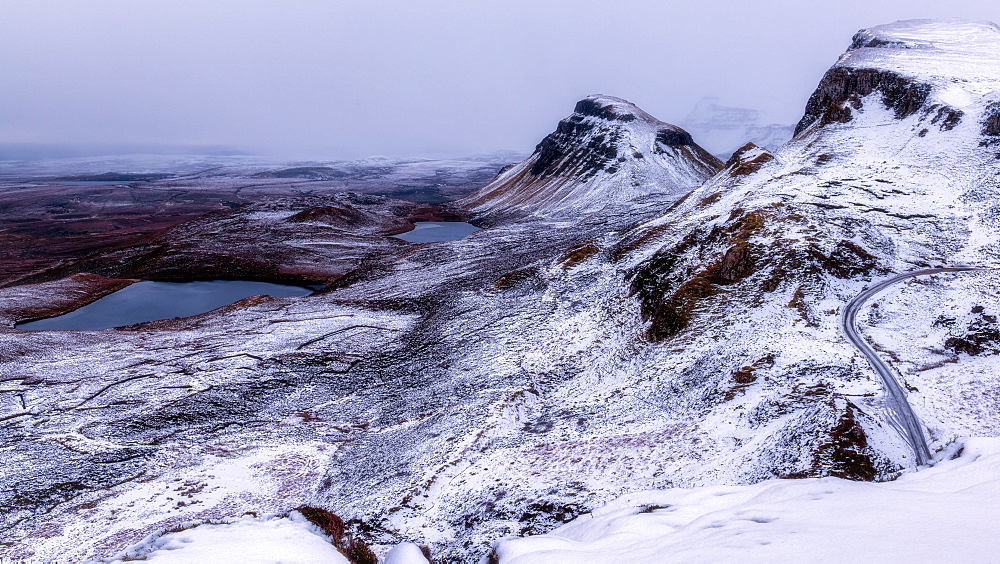 The Quiraing in the snow, Isle of Skye, Inner Hebrides, Scotland, United Kingdom, Europe