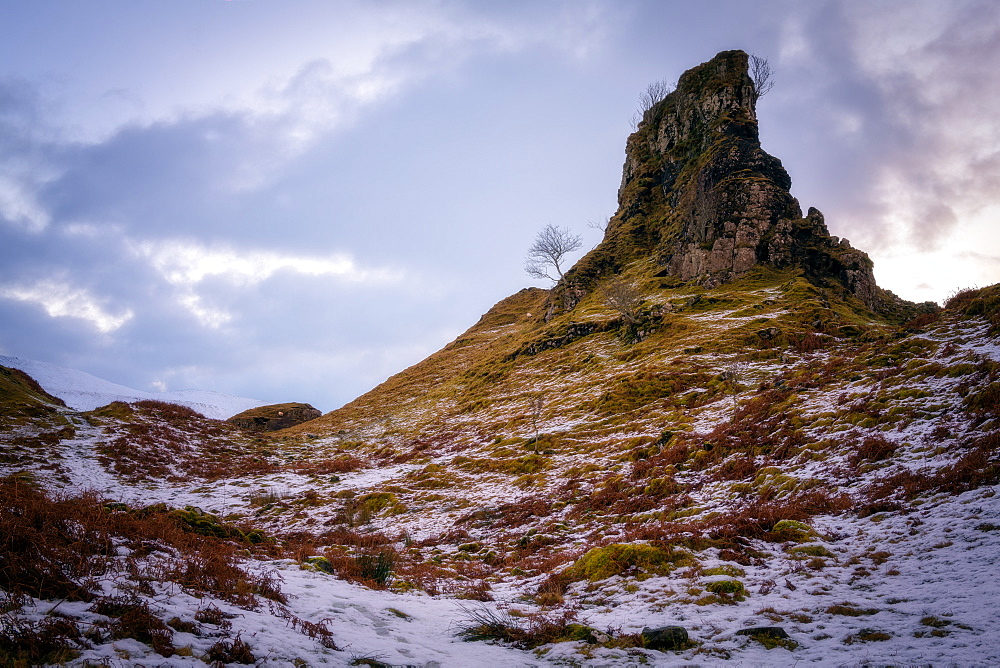 The Castle in the Snow, Fairy Glen, Isle of Skye, Inner Hebrides, Scotland, United Kingdom, Europe