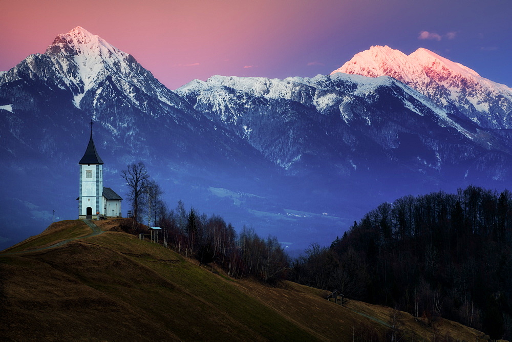 The Church of St. Primoz, Jamnik, at sunset, Slovenia, Europe