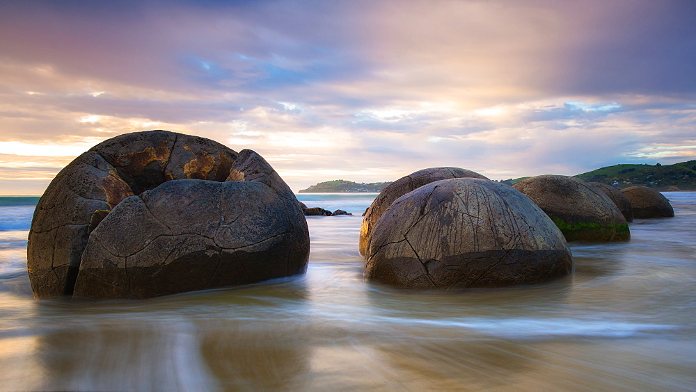 Moeraki Boulders at sunset, Koekohe Beach, Moeraki Peninsula, Otago, South Island, New Zealand, Pacific