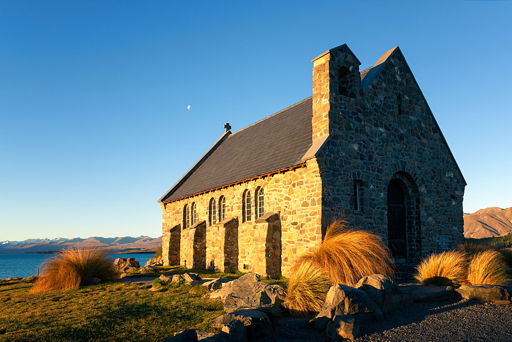 Church of the Good Shepherd at sunset, Lake Tekapo, Mackenzie Distrtict, Canterbury Region, South Island, New Zealand, Pacific