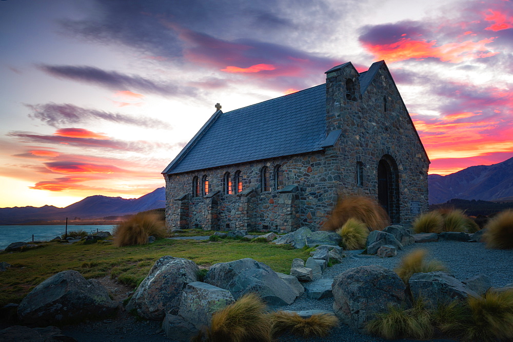 Church of the Good Shepherd at sunrise, Lake Tekapo, Mackenzie Distrtict, Canterbury Region, South Island, New Zealand, Pacific