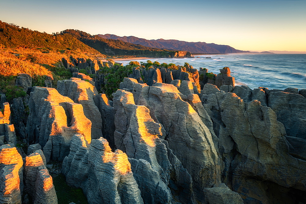 Pancake Rocks at sunset, Paparoa National Park, West Coast, South Island, New Zealand, Pacific