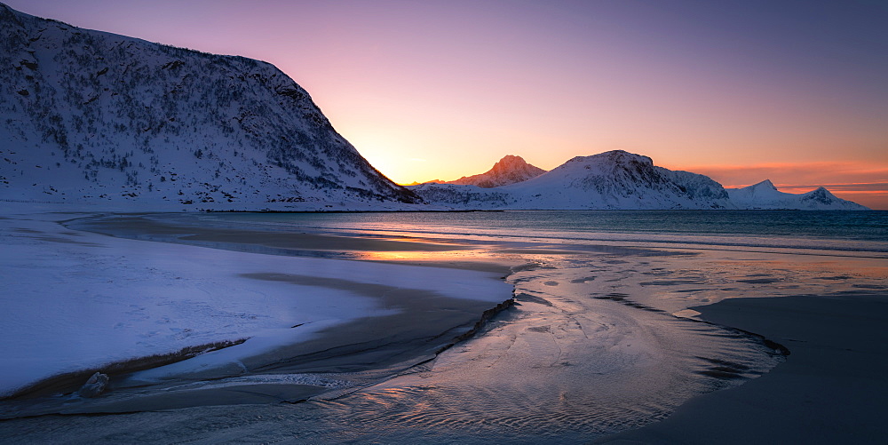 Snow covered Haukland Beach at sunset, Lofoten, Nordland, Norway, Europe