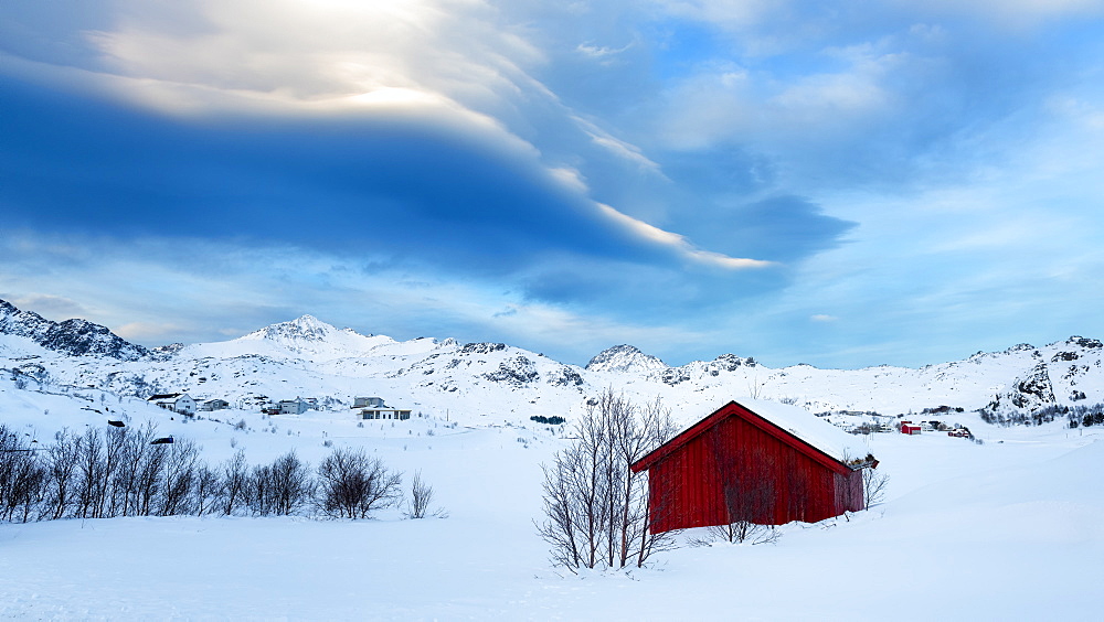 Red Cabin in the Snow, Lofoten Islands, Nordland, Norway, Europe