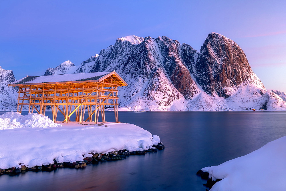 Stockfish drying racks, Sakrisoy, Moskenesoya, Lofoten islands, Nordland, Arctic, Norway, Europe