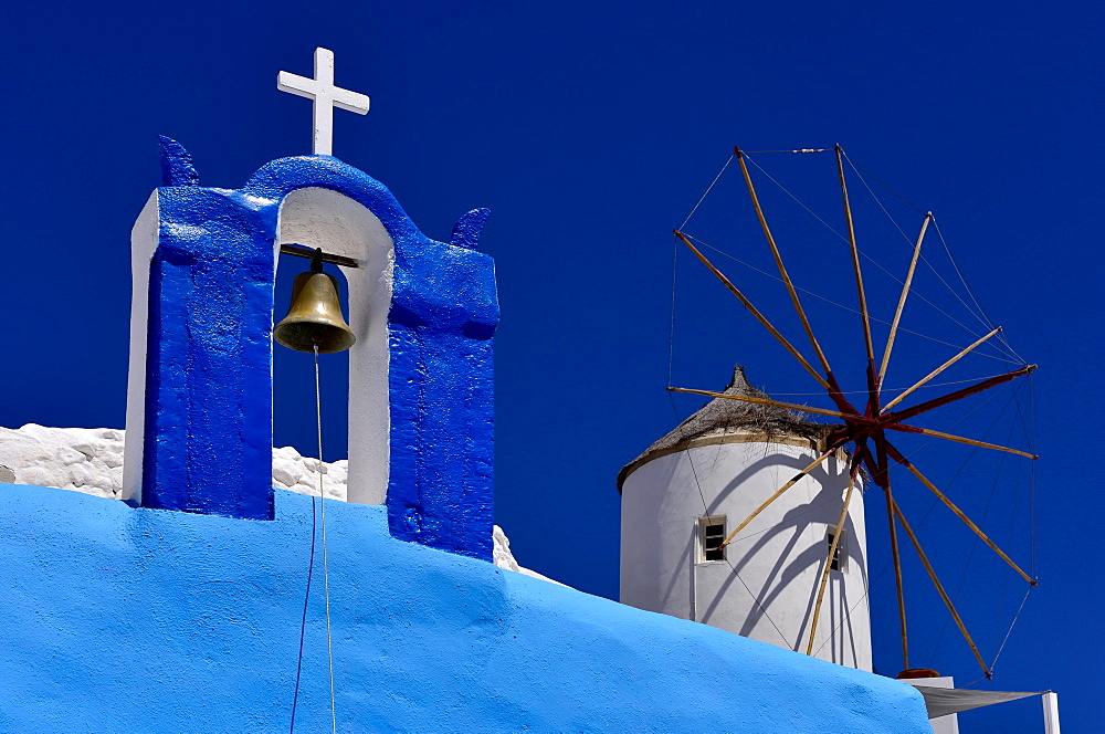 Oia Church and Windmill, Oia, Santorini, Cyclades, Aegean Islands, Greek Islands, Greece, Europe