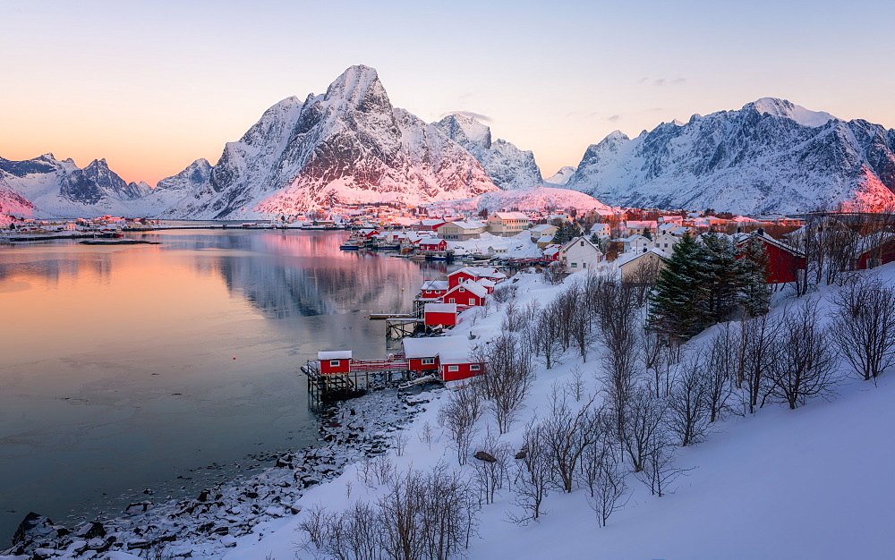 Reine fishing village in winter, Reinefjord, Moskenesoya, Lofoten Islands, Arctic, Norway, Europe