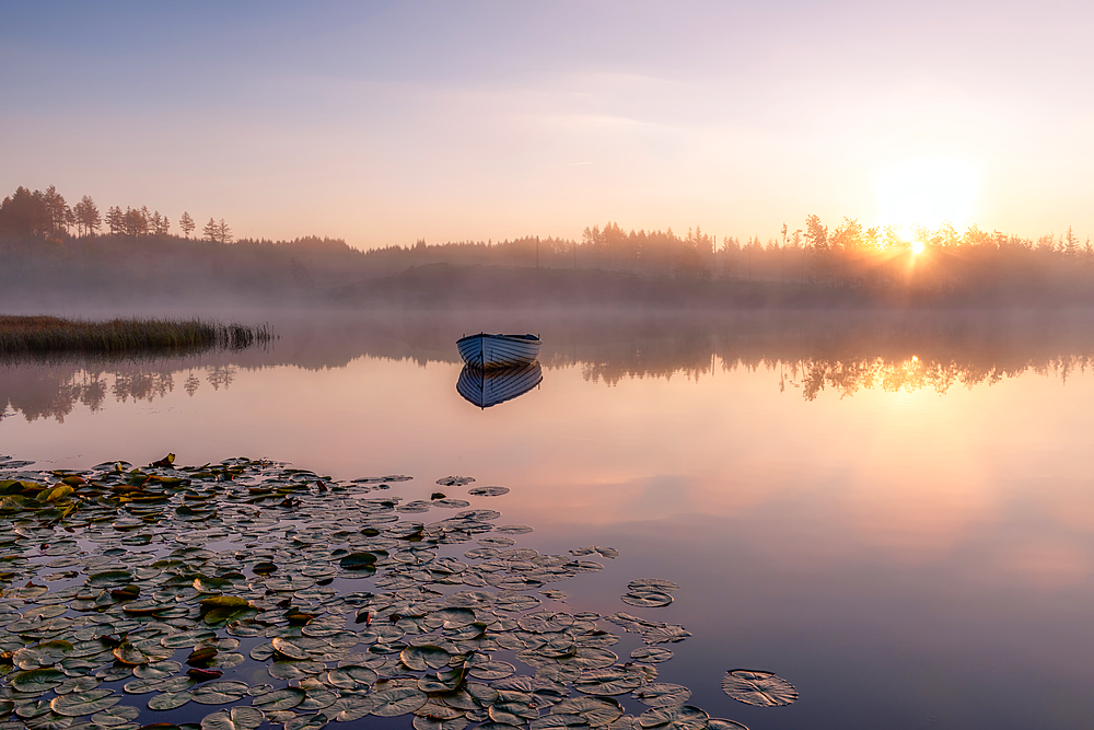 Lone boat at sunrise, Loch Rusky, Highlands, Scotland, United Kingdom, Europe