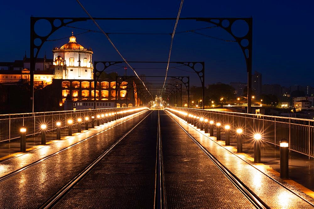 The Dom Luís I Bridge at blue hour with the Monastery of Serra do Pilar in the background, Porto, Portugal, Europe