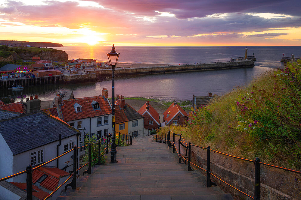 The 199 Steps of Whitby at sunset, Whitby, North Yorkshire, England, United Kingdom, Europe