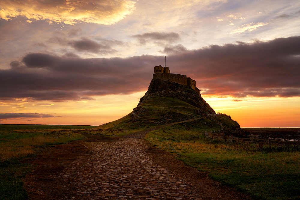 Lindisfarne Castle at sunrise, Holy Island, Northumberland, England, United Kingdom, Europe