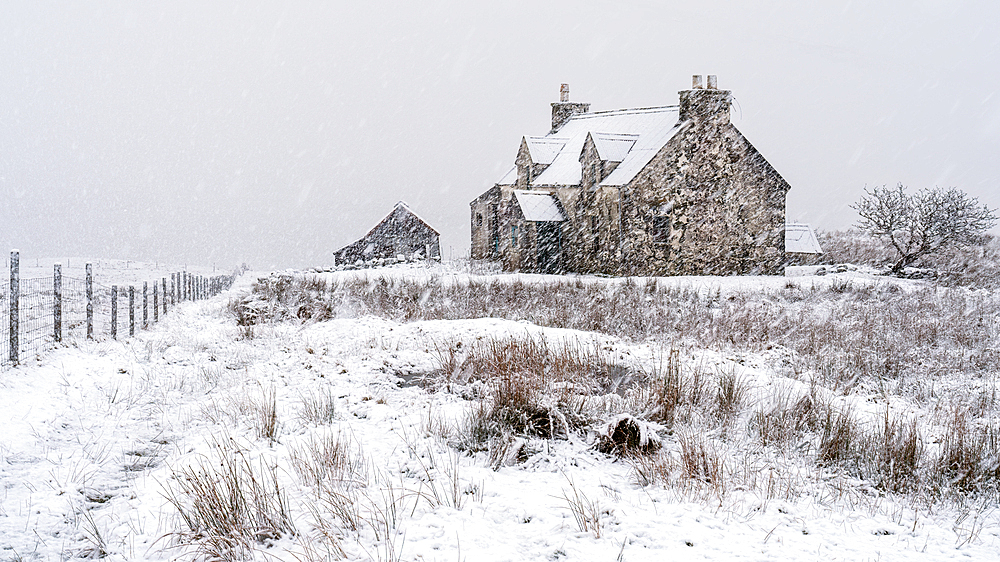 Abandoned house on a snowy winter's day, Isle of Harris, Outer Hebrides, Scotland, United Kingdom, Europe