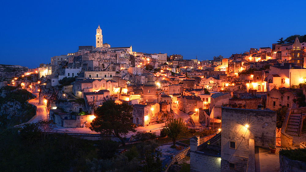 City view of Matera at night, Matera, Basilicata, Italy, Europe