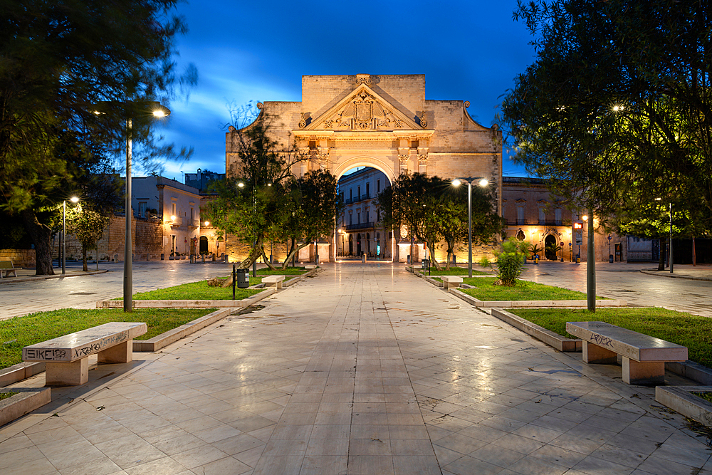 Porta Napoli at blue hour, Lecce, Puglia, Italy, Europe