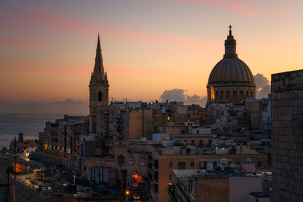 Valletta skyline at sunrise, Valletta, Malta