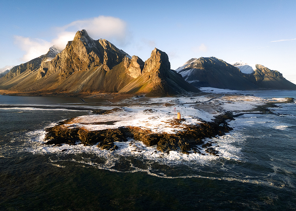 Aerial image of Eystrahorn mountain in winter, South Iceland, Iceland, Europe