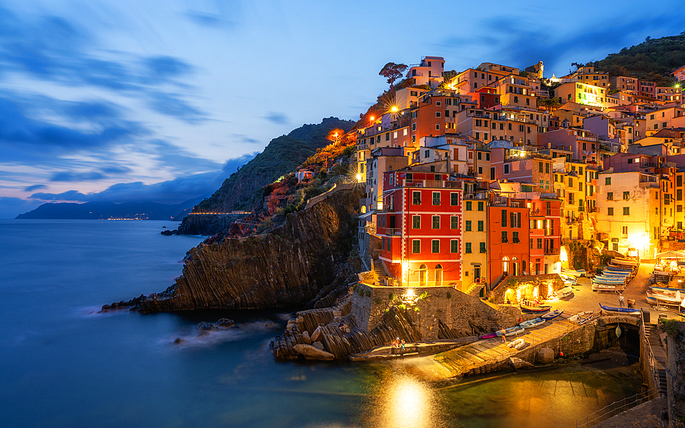 Riomaggiore at blue hour, Cinque Terre, La Spezia province in Liguria region, Italy